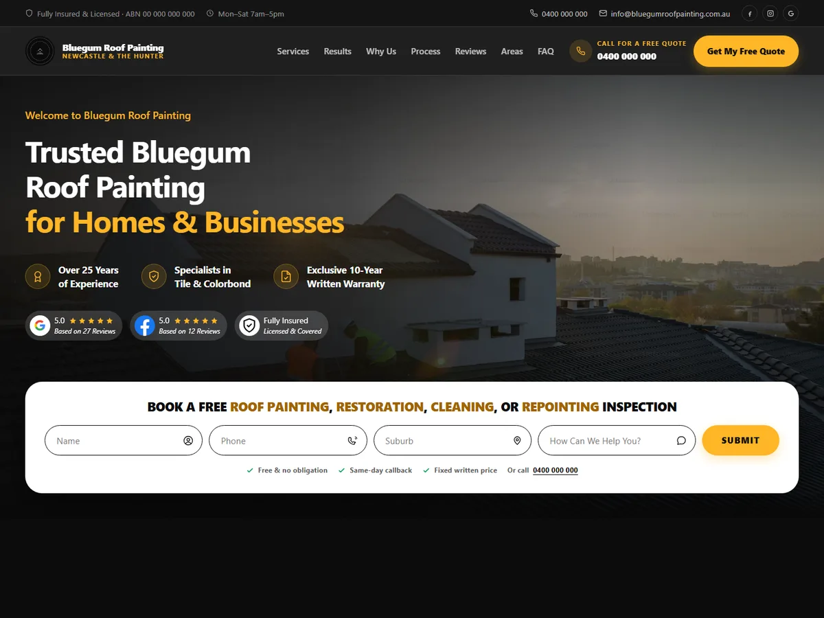 Home page design for Bluegum Roof Painting, a roof painting & restoration website