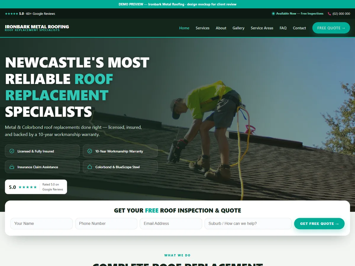 Home page design for Ironbark Metal Roofing, a metal re-roofing & insurance work website